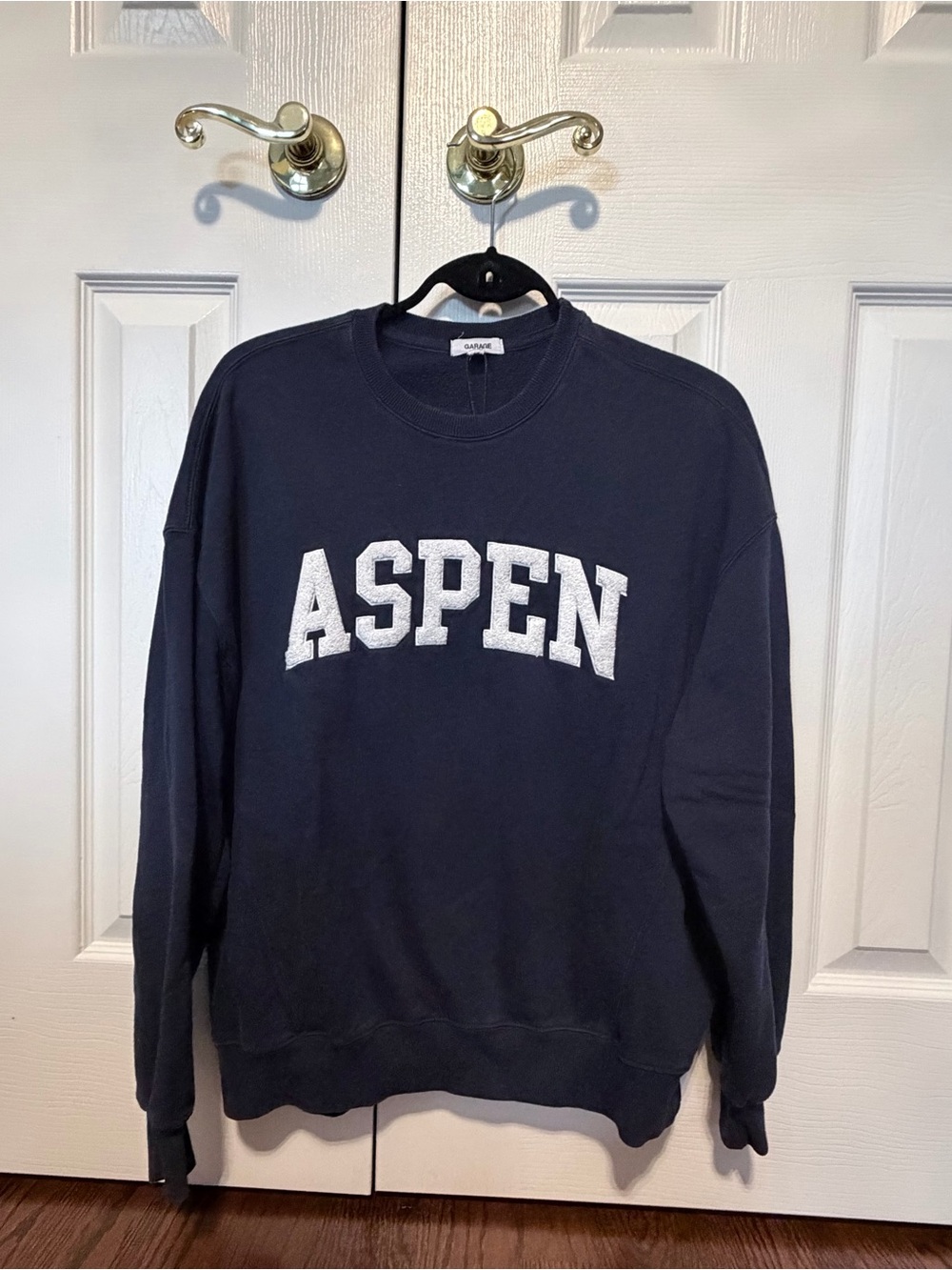 Garage Navy Crewneck Sweatshirt with White ASPEN Lettering